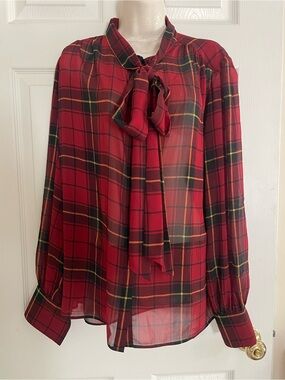 Lauren Ralph Lauren Red Plaid Tie-Neck Blouse